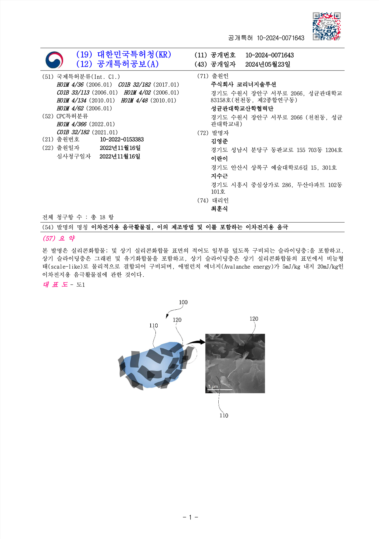 음극재 특허 출원 10-2024-0071643 (2024.05.23)